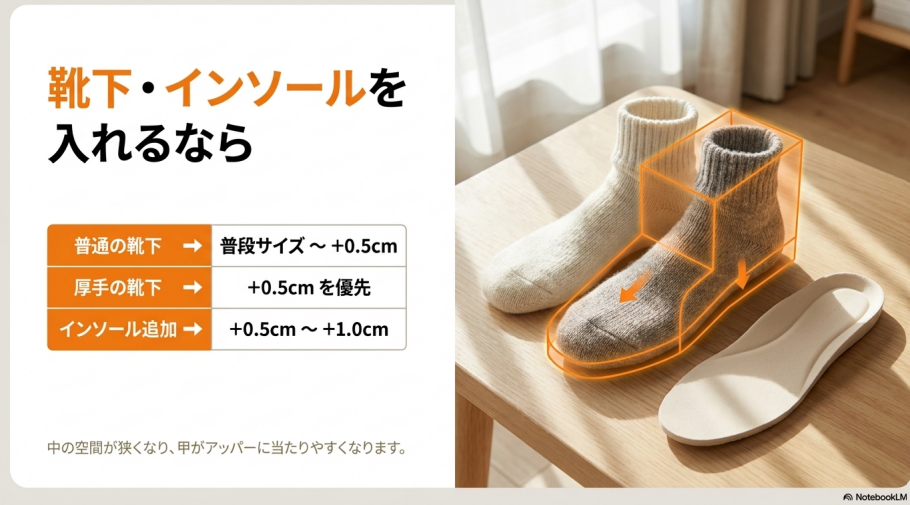 厚手の靴下は+0.5cm、インソール追加時は+0.5cmから+1.0cmを推奨。靴の中の空間が狭くなり甲が当たりやすくなるため注意が必要。