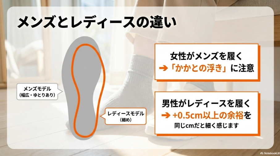 女性が幅広のメンズを履くとかかとの浮きに注意が必要。男性が細めのレディースを履く場合は+0.5cm以上の余裕が必要。