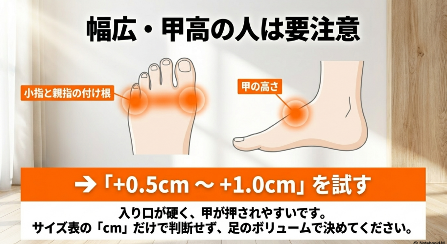 幅広・甲高の人は入り口が硬く甲が押されやすいため、+0.5cmから+1.0cmを試すことを推奨する解説。
