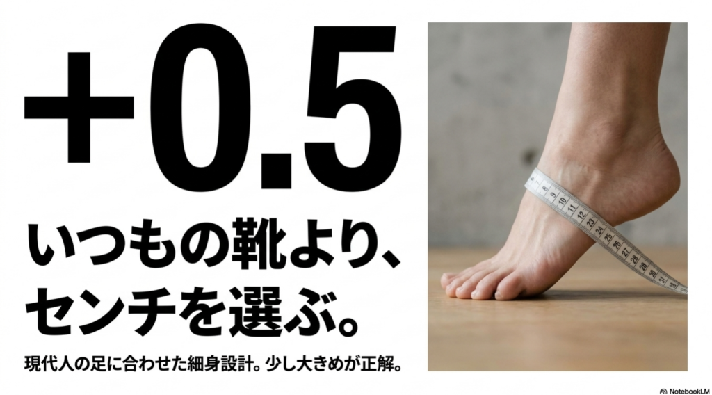 現代人の足に合わせた細身設計のため、いつもの靴よりプラス0.5センチを選ぶのが正解
