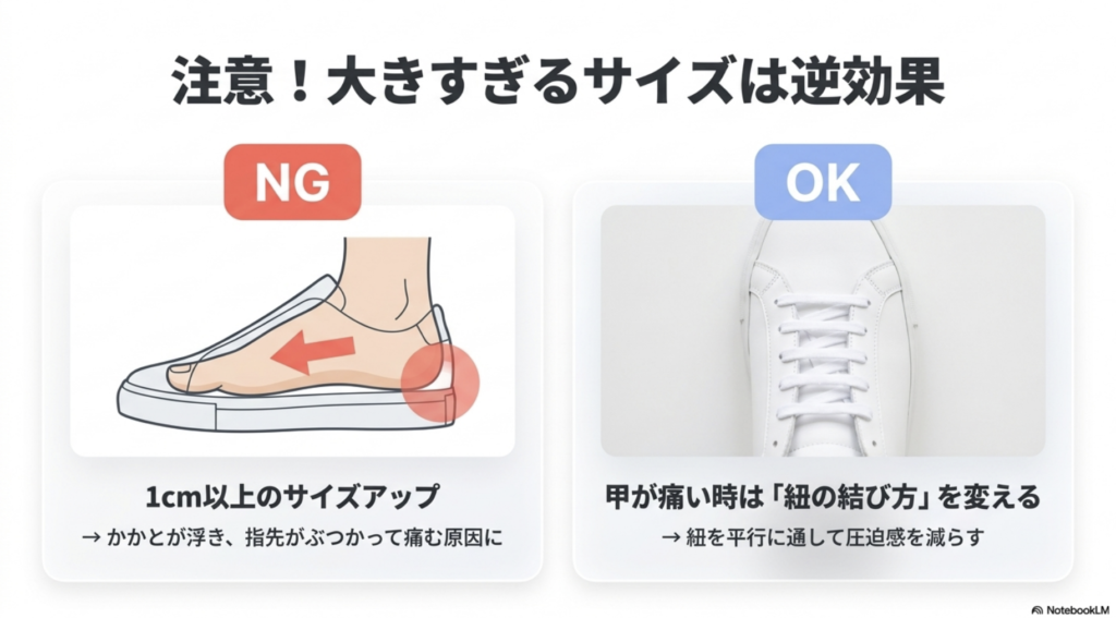 1cm以上のサイズアップはかかとが浮き指先が痛む原因になるというNG例と、甲が痛い時は紐を平行に通して圧迫感を減らすOK例の解説図。