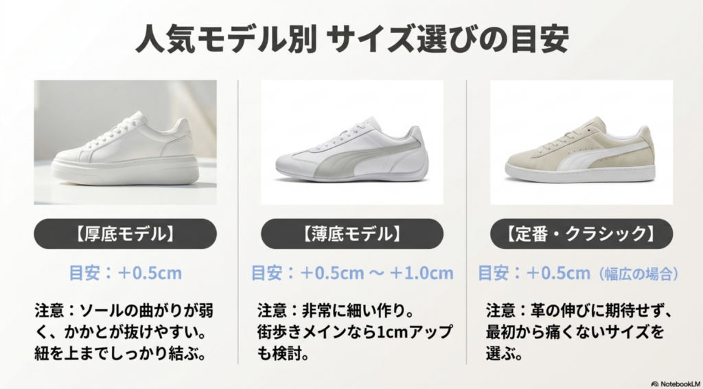 厚底モデル、薄底モデル、定番・クラシックモデルごとのサイズアップの目安と、かかと抜けや革の伸びに関する注意点をまとめた表。
