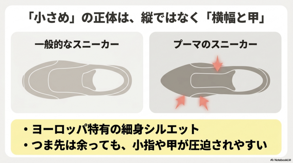 プーマスニーカーが小さめに感じる正体は、縦の長さではなくヨーロッパ特有の細身シルエットによる横幅と甲の圧迫であることを解説した図解。