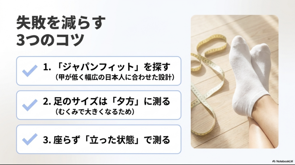 ジャパンフィットを探す、足のサイズは夕方に測る、座らず立った状態で測るという、サイズ選びの失敗を減らす3つのコツ。