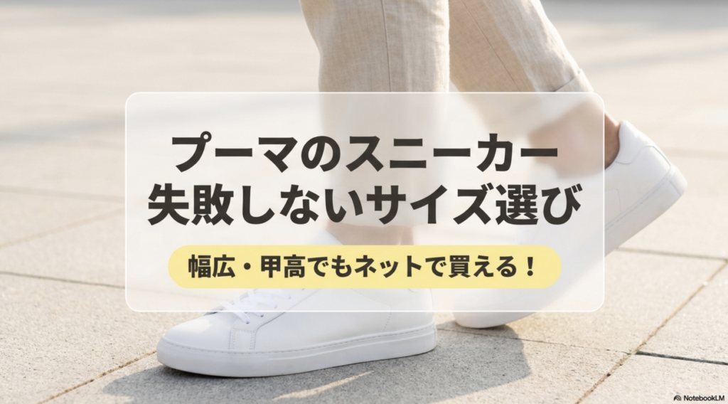 プーマスニーカーの失敗しないサイズ選び。幅広・甲高でもネットで買えるコツを解説したスライド表紙。