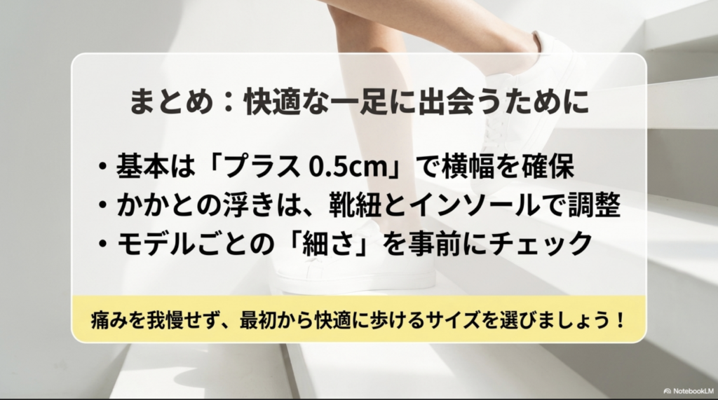 快適な一足に出会うためのまとめ。プラス0.5cmで横幅を確保し、かかとの浮きは紐とインソールで調整するなどのおさらいスライド。