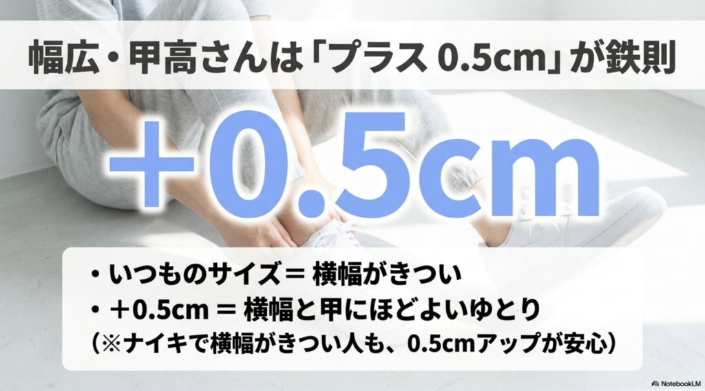 幅広・甲高の足には、横幅と甲にほどよいゆとりを持たせるため、いつものサイズより0.5cmアップが鉄則であることを示すスライド。