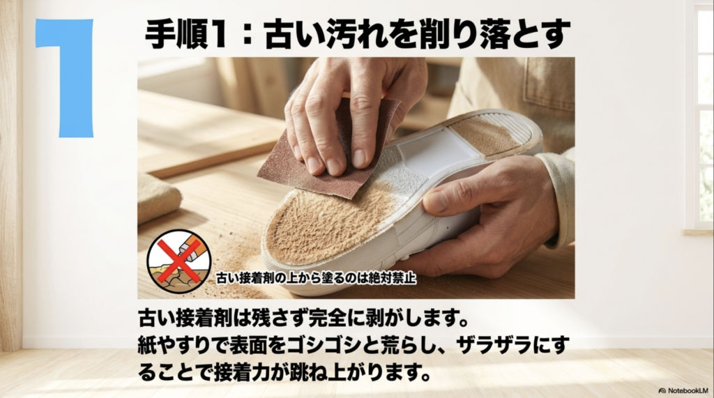 靴底修理手順1:古い接着剤を完全に削り落としヤスリで下地を作る