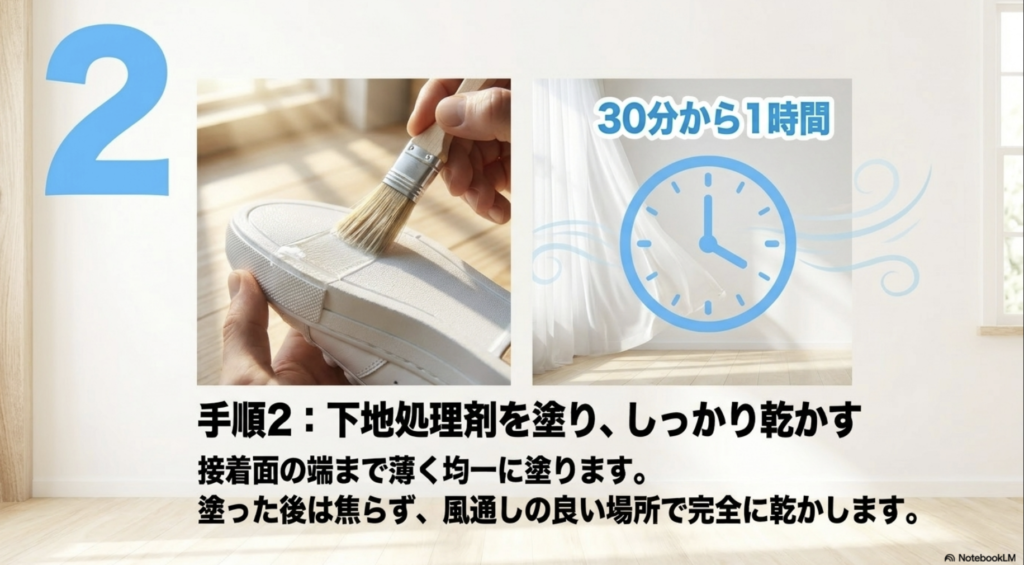 靴底修理手順2:下地処理剤(プライマー)を薄く均一に塗りしっかり乾燥させる