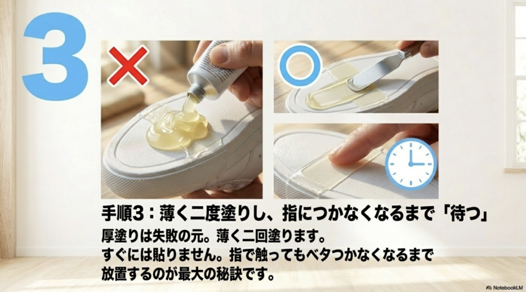靴底修理手順3:接着剤の薄く二度塗りと指につかなくなるまでのオープンタイム