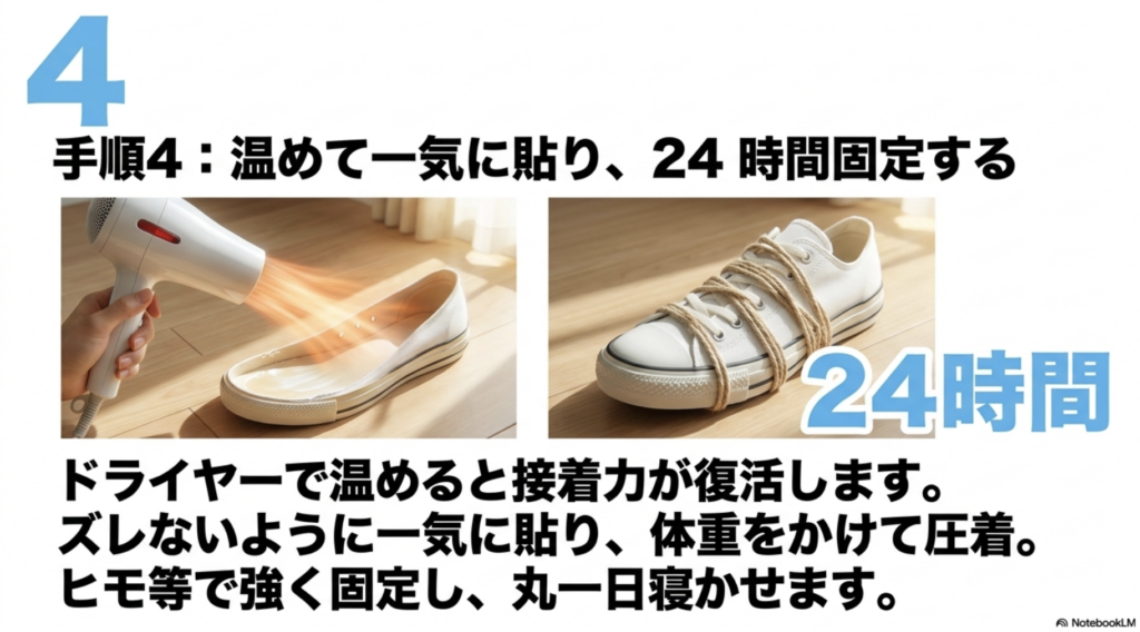 靴底修理手順4:ドライヤーで熱活性化させ一気に圧着し24時間固定する