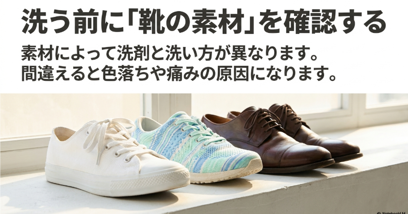 洗う前に「靴の素材」を確認する。間違えると色落ちや痛みの原因になります。