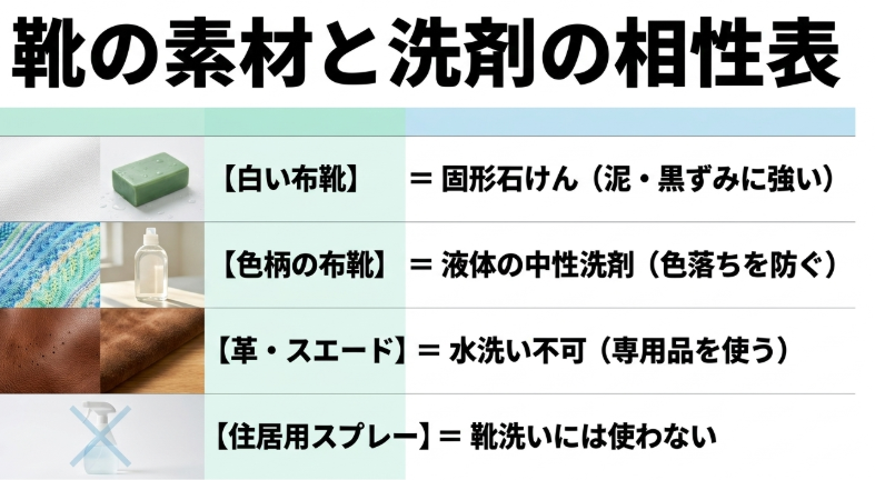 靴の素材と洗剤の相性表(白い布靴、色柄の布靴、革・スエード、住居用スプレー)