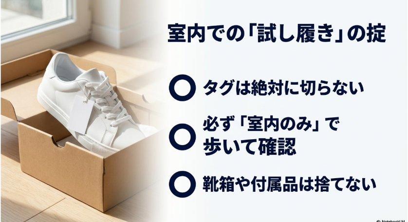 タグは切らない、室内のみで歩く、靴箱は捨てないという室内試着時の注意点をまとめた図。