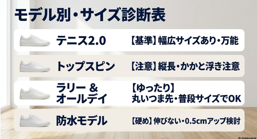 テニス2.0、トップスピン、ラリー&オールデイ、防水モデルのサイズ感の特徴をまとめた一覧表。