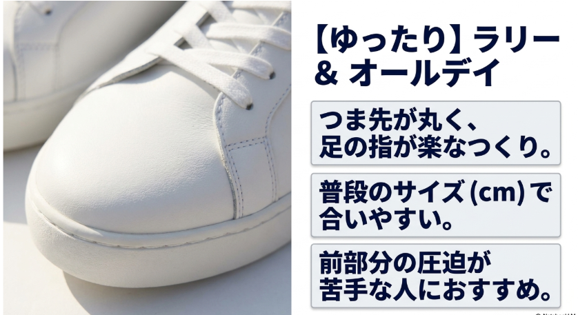 つま先が丸く普段のサイズで合いやすい「ラリー」と「オールデイコート」の特徴解説。