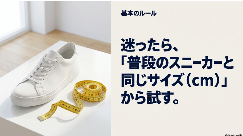 迷ったら普段履いているスニーカーと同じサイズ(cm)から試すという基本ルールの図解。