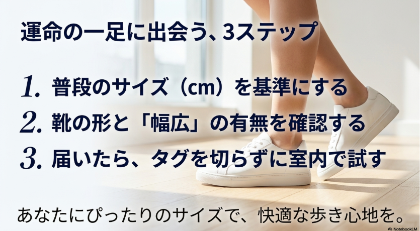 普段サイズを基準にし、靴の形を確認、室内で試着するというサイズ選びのまとめステップ。