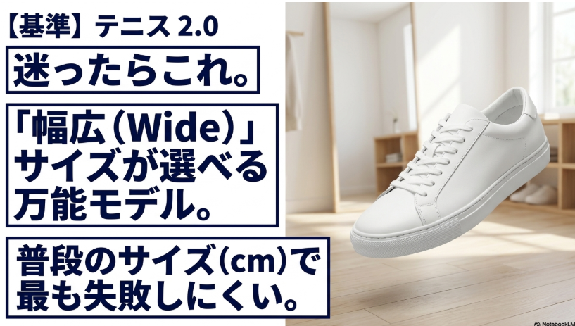 幅広(Wide)サイズが選べる万能モデルである「テニス2.0」の特徴を解説した画像。