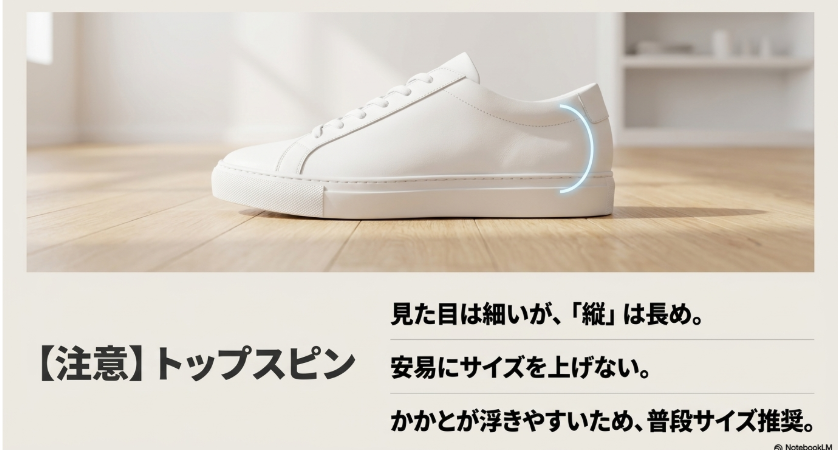 トップスピンは見た目は細いが縦は長めなため、かかとが浮かないよう普段サイズを推奨する解説画像。