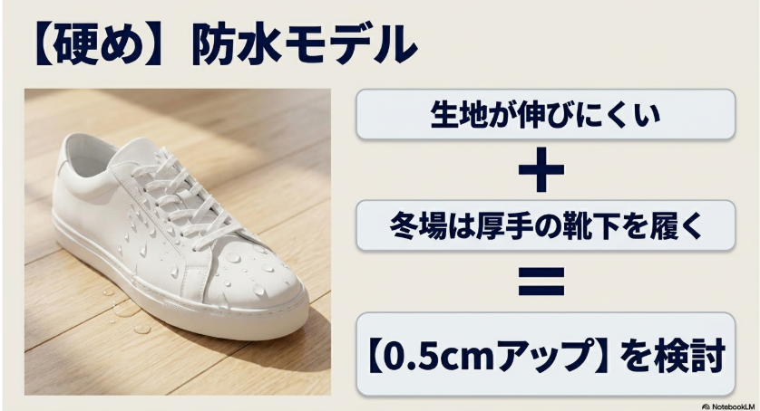 生地が伸びにくく冬は厚手の靴下を履くため、防水モデルは0.5cmアップを検討するという解説画像。