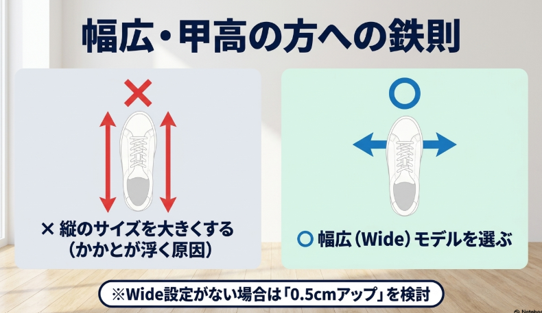 縦のサイズを大きくするのではなく、幅広(Wide)モデルを選ぶか0.5cmアップを検討するという鉄則の解説。