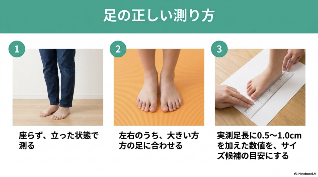 立った状態で左右の足を測り大きい足を基準にサイズ候補を出す手順
