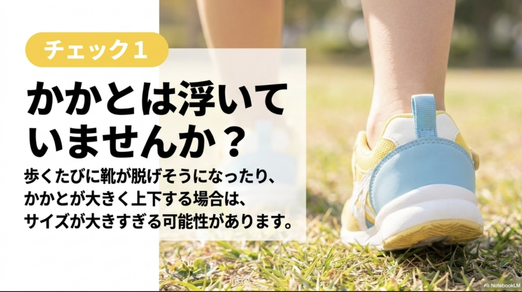 子どもが歩いたときに靴のかかとが大きく浮かないか確認する方法