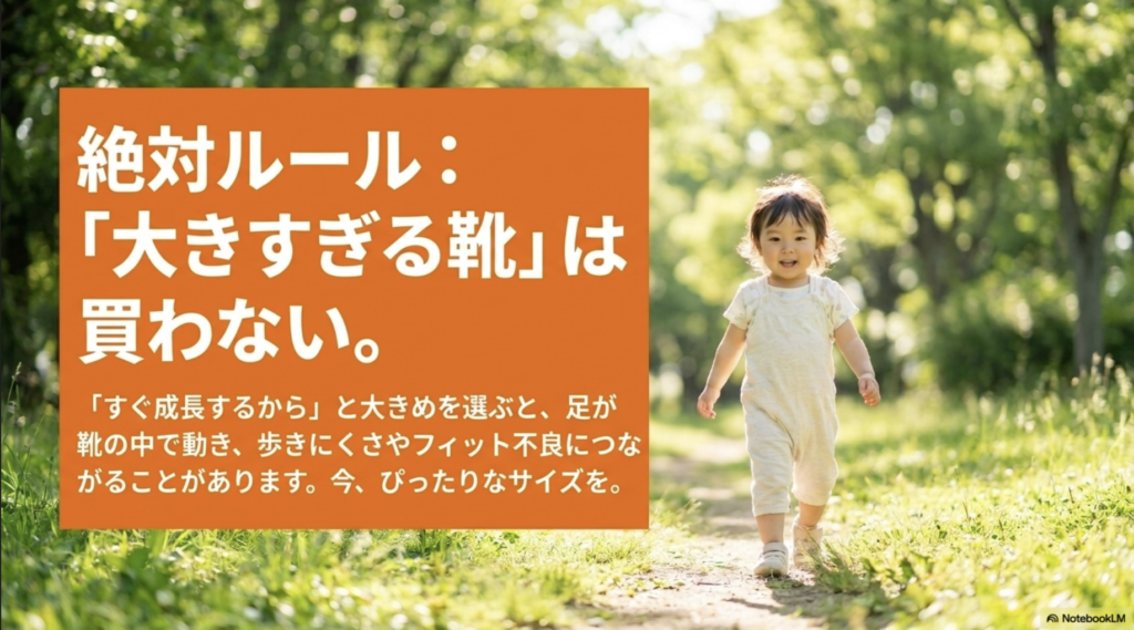 成長を見込んで大きすぎる子ども靴を選ばないよう注意するスライド