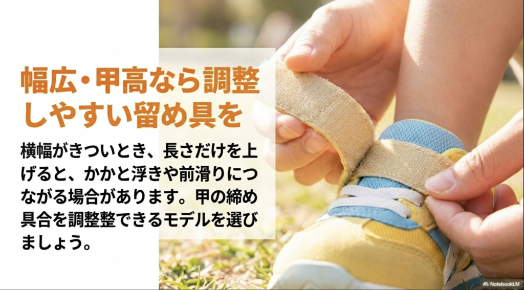 幅広や甲高の子は面ファスナーなど甲を調整できる靴を選ぶことを説明