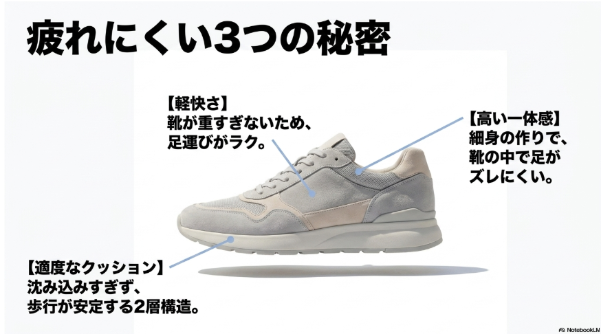 ニューバランス996が疲れにくい3つの秘密である軽快さ、一体感、適度なクッションの解説