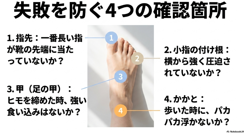 ニューバランス996の試着時に確認すべき指先、小指の付け根、甲、かかとの4箇所