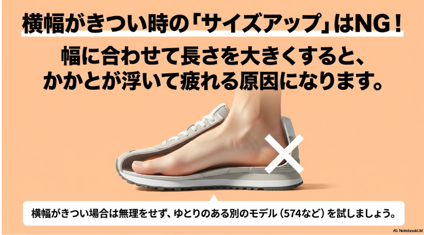 横幅がきつい時にサイズアップをするとかかとが浮いて疲れる原因になるという注意喚起