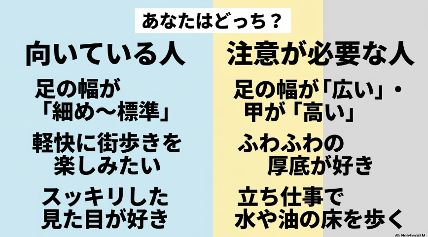 ニューバランス996が向いている足幅が標準から細めの人と、注意が必要な幅広や甲高の人の比較