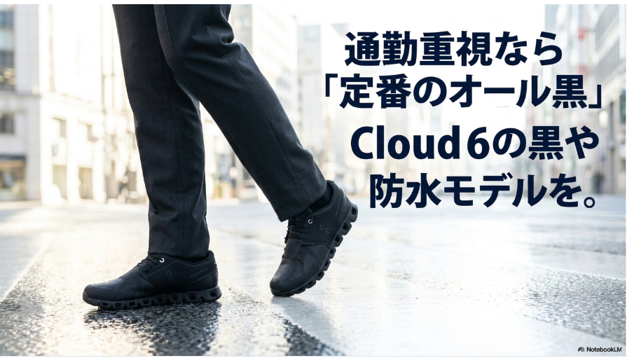 通勤用のOnスニーカーとしてCloud 6の黒系や防水モデルが候補になることを示す画像