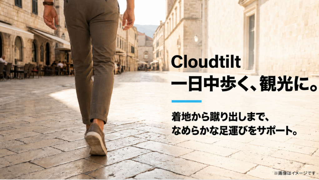 長時間の街歩きや観光にCloudtiltを提案するスライド