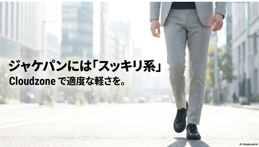 ジャケパンやセットアップにCloudzoneを合わせるビジネスカジュアルのイメージ
