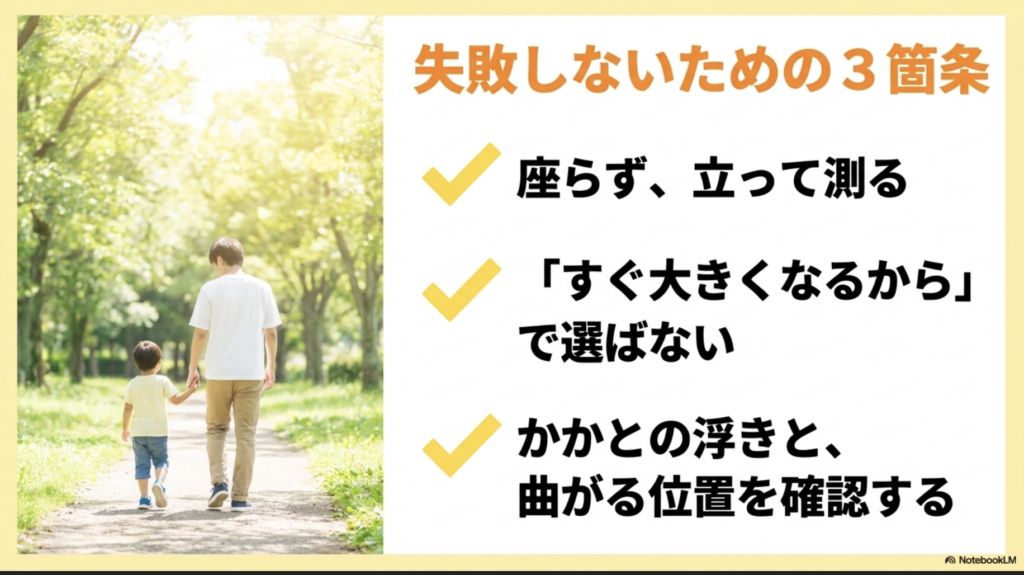 立って測る、大きすぎる靴を避ける、かかとと屈曲位置を確認する3つの要点