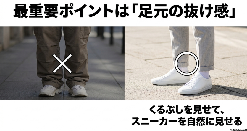 Onスニーカーを自然に見せるパンツ丈と足首の抜け感の比較