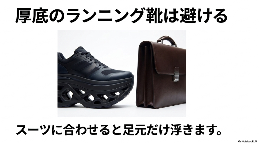 厚底ランニング系スニーカーはスーツに合わせると足元だけ浮きやすいことを示す注意喚起画像