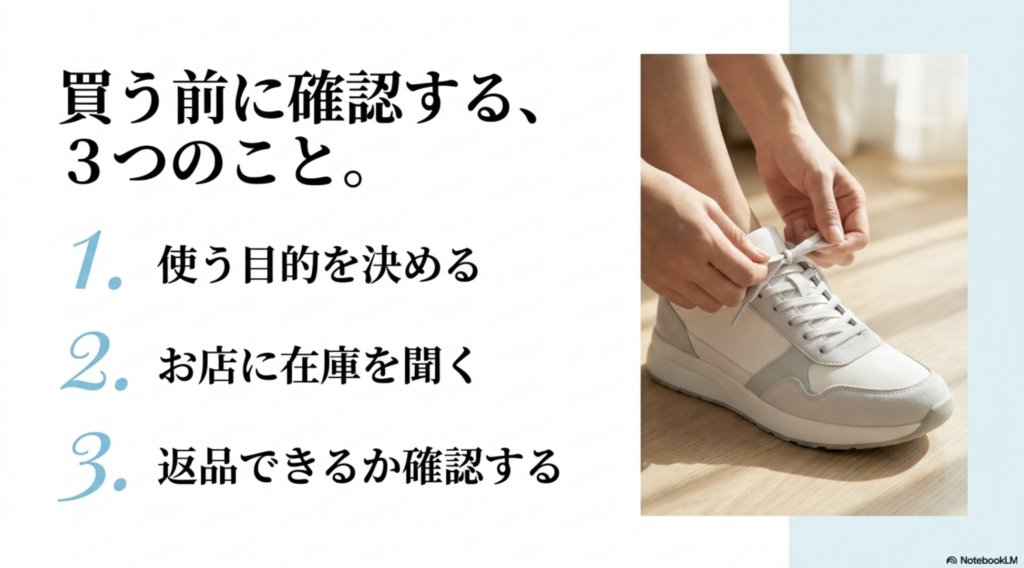 Onスニーカーを買う前に使用目的、店舗在庫、返品条件を確認するチェックリスト