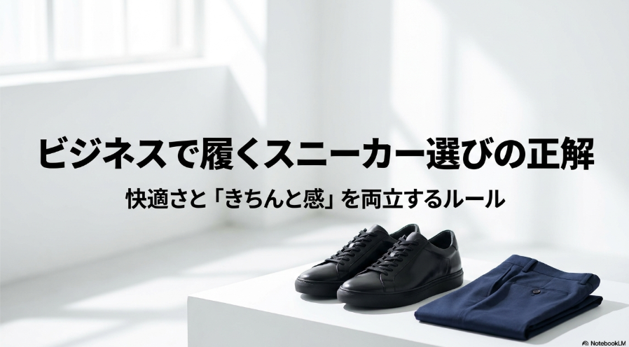 ビジネスで履くスニーカーは快適さときちんと感の両立が重要であることを示したイメージ