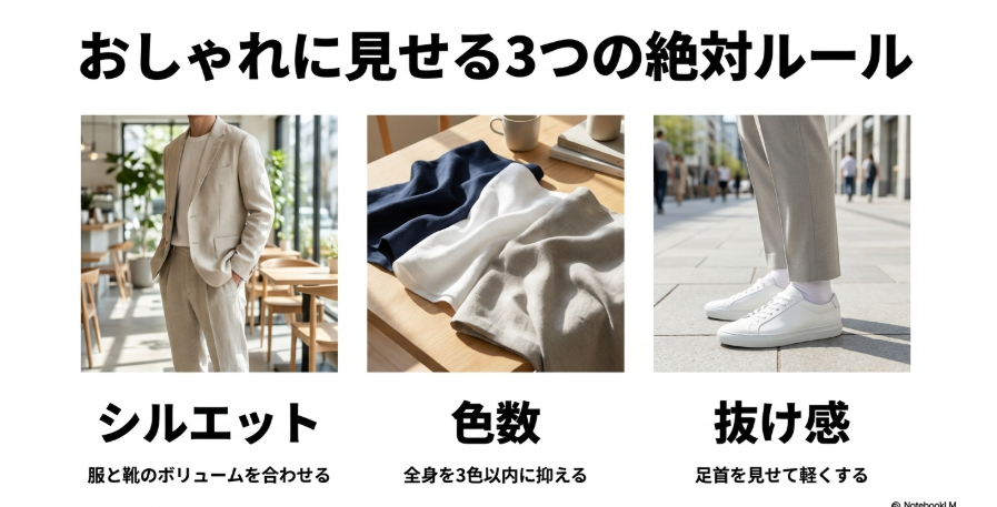 Onスニーカーをおしゃれに見せるシルエット・色数・抜け感の解説