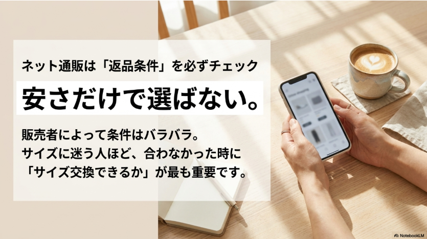 Onスニーカーをネット通販で購入する前に返品条件やサイズ交換の可否を確認する重要性を示した画像