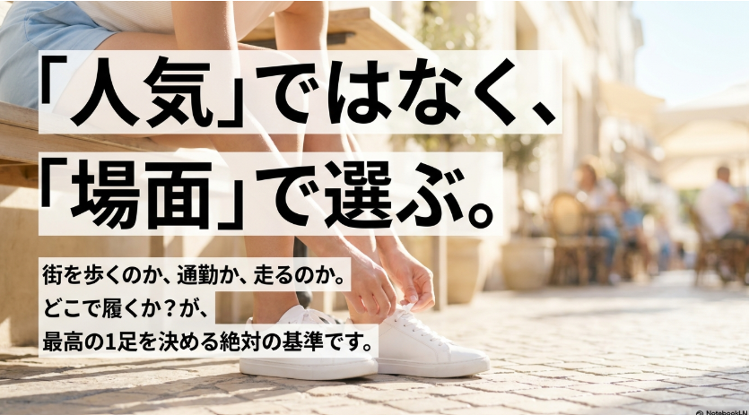 Onスニーカーを人気だけでなく街歩き、通勤、ランニングなど履く場面で選ぶ重要性を示した画像