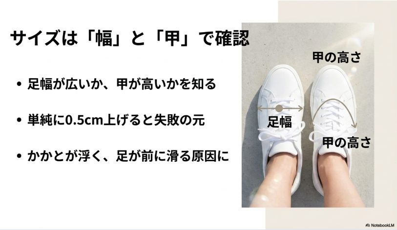 Onレディーススニーカーのサイズ選びで足幅と甲の高さを確認するポイントを説明した画像