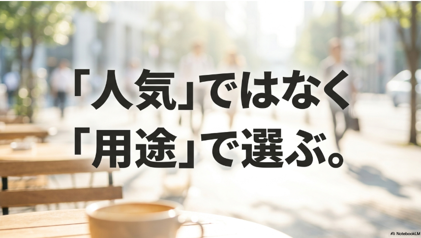 Onのメンズスニーカーを人気順ではなく用途別に選ぶ重要性を示したスライド