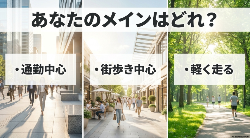 通勤中心、街歩き中心、軽く走る用途に分けてOnスニーカーを選ぶ比較イメージ