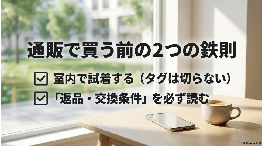 通販でOnスニーカーを購入する前に室内試着と返品交換条件を確認する重要性を示したスライド
