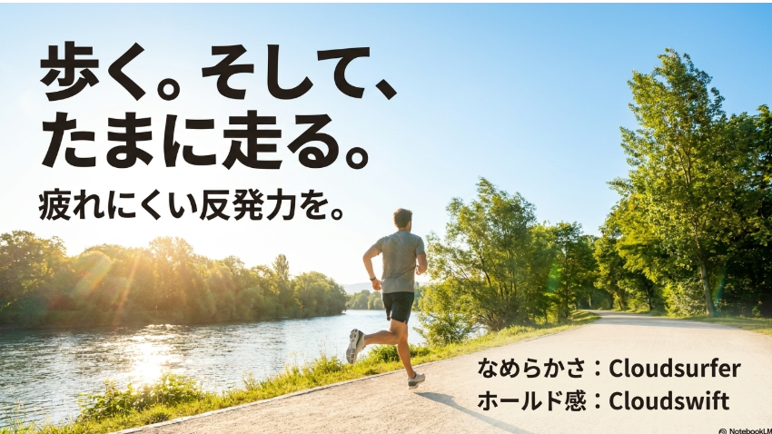 歩く用途と軽いランニングを兼ねたい人向けにCloudsurferとCloudswiftを示したスライド